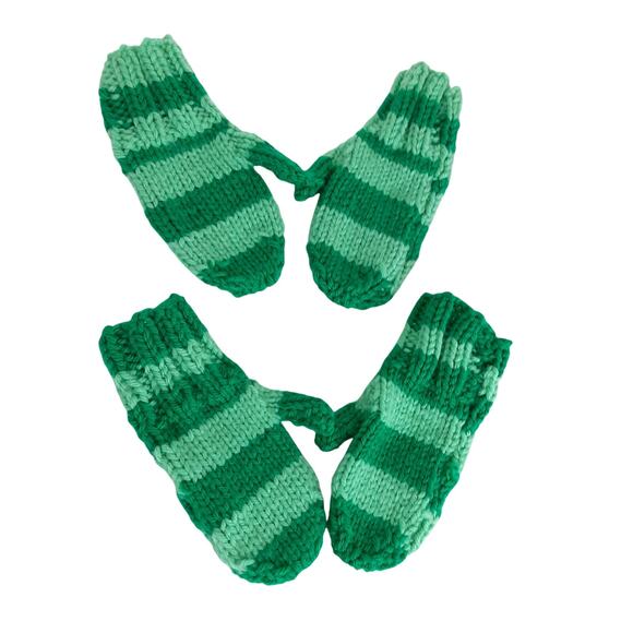 Vintage Handmade Crochet Mittens Kids M 2pc Green Stripe Winter Gloves - Picture 1 of 6